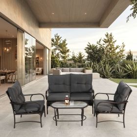 4 Piece Outdoor Patio Furniture Sets, Wicker Conversation Set for Porch Deck, Rattan Sofa Chair with Cushion-Grey