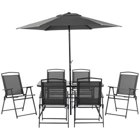 Outsunny 8 Piece Patio Dining Set with Table Umbrella, 6 Folding Chairs and Rectangle Dining Table, Outdoor Patio Furniture Set, Black