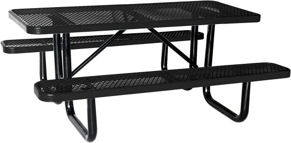 72" Expanded Metal Rectangular Picnic Table, Black With Umbrella Hole