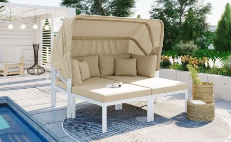 TOPMAX 3-Piece Patio Daybed with Retractable Canopy Outdoor Metal Sectional Sofa Set Sun Lounger with Cushions for Backyard, Porch, Poolside, Bei