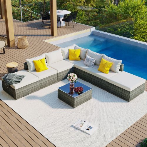 8-Pieces Outdoor Patio Furniture Sets, Garden Conversation Wicker Sofa Set, Single Sofa Combinable, Beige Cushions Gray Wicker 8-Pieces Outdoor Patio Furniture Sets, Garden Conversation Wicker Sofa Set, Single Sofa Combinable, Beige Cushions Gray Wicker