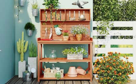 TOPMAX 65" Large Wooden Farmhouse Rustic Outdoor Potting Bench Table, Patio Workstation, Garden Potting Bench with 4 Storage Shelves and Side Hoo