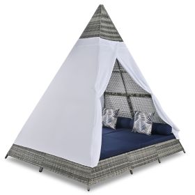 GO 90.5" Length Outdoor Sunbed With Colorful Pillows, Wicker Patio Daybed With Cushions, Tent Shape, Gray And Blue (Color: as Pic)